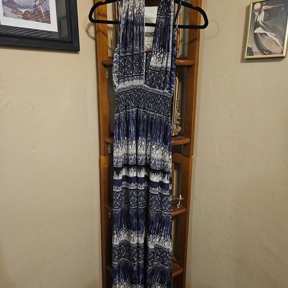EARTHBOUND Navy and White Patterned Halter Maxi Dress